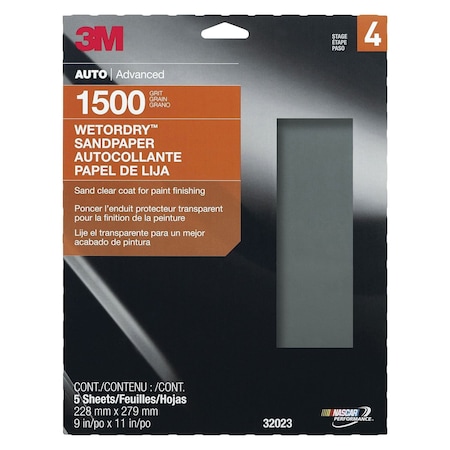 3M Wetordry Sandpaper, 32023, 9 in x 11 in, 1500 grit, 5PK PK5 7010300639
